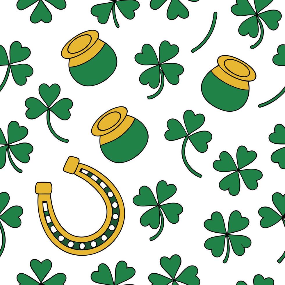 Elegant Irish clovers and pots of gold seamless tiles pattern with rich green and gold accents concept as Rich green and gold accents highlight elegant Irish clovers intertwined wit flat vector