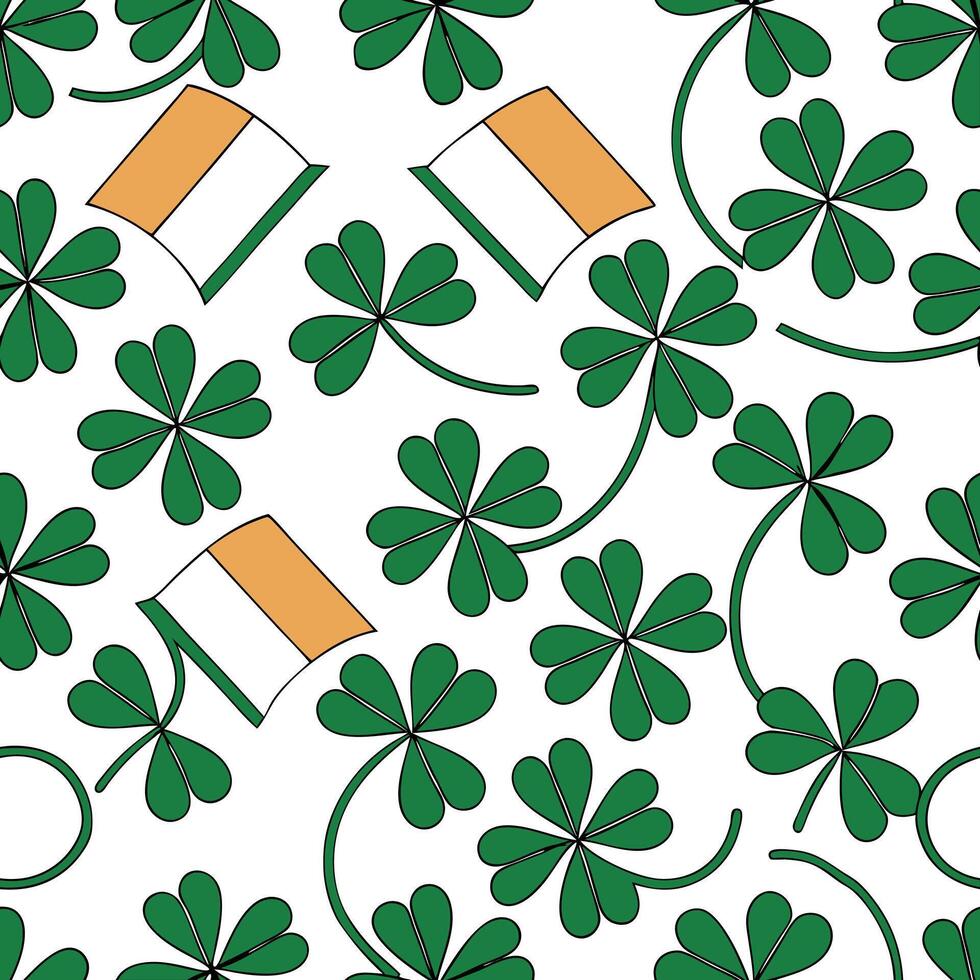 Elegant shamrocks and Irish flags seamless tiles pattern with rich green and orange hues concept as Rich green and orange hues highlight elegant shamrocks intertwined with Irish fla flat vector