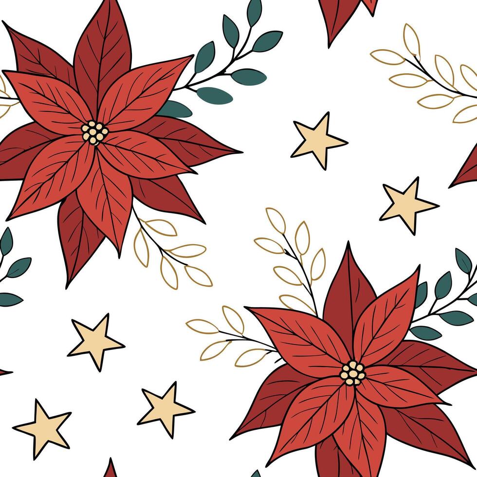 Elegant poinsettia and Christmas star seamless tiles pattern with rich festive hues concept as Rich festive hues adorn elegant poinsettias and Christmas stars in seamless tiles patte flat vector