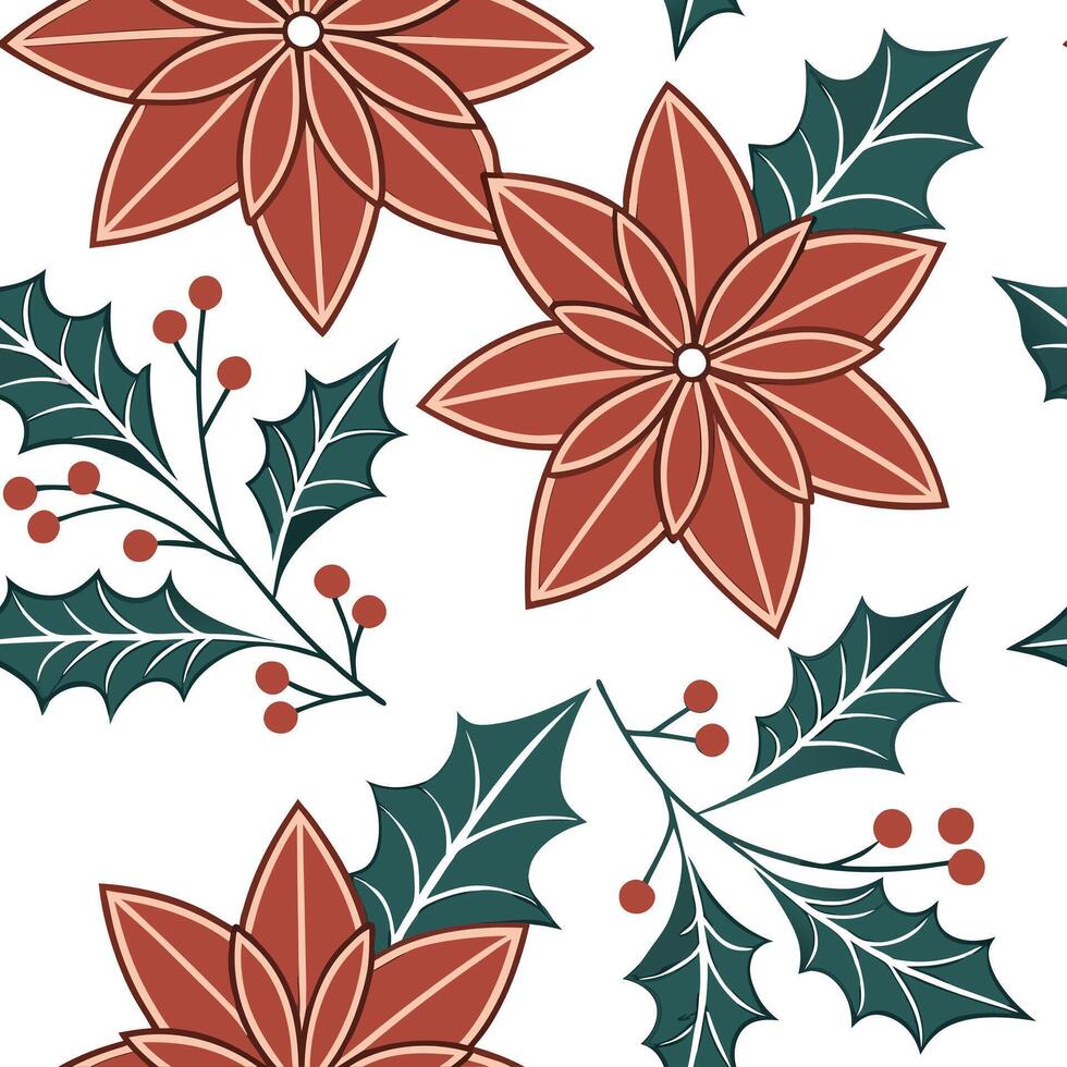 Elegant poinsettia and holly seamless tiles pattern with rich red and green hues concept as Rich red poinsettias and holly leaves create an elegant seamless tiles pattern with vibran flat vector