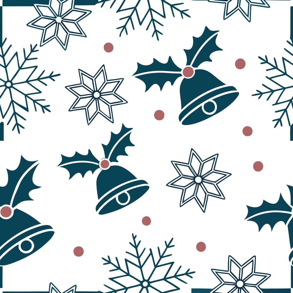 Elegant snowflake and Christmas bell seamless tiles pattern with festive winter elements concept as Festive Christmas bells paired with elegant snowflakes create a seamless tiles pat flat vector