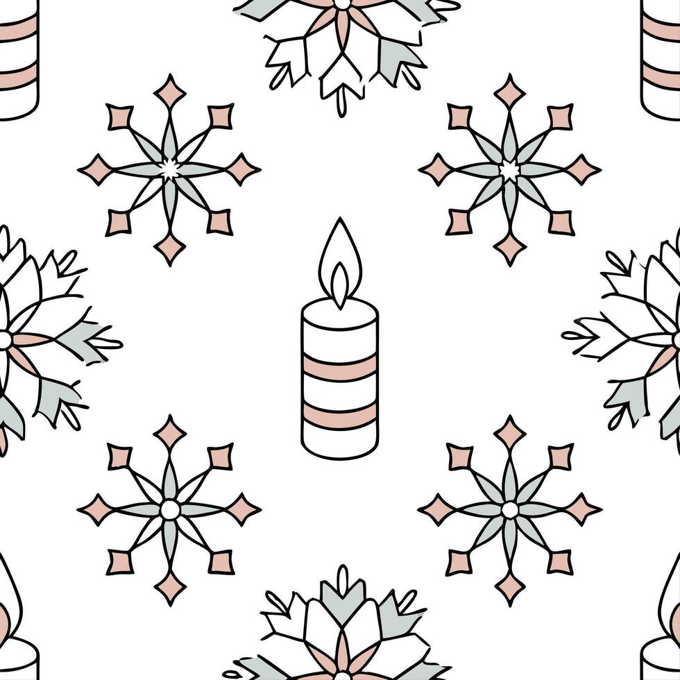 Elegant snowflake and candle seamless tiles pattern with warm winter glow and frosty accents concept as Elegant snowflakes paired with warm candles create a seamless tiles pattern wi flat Set 3 vector