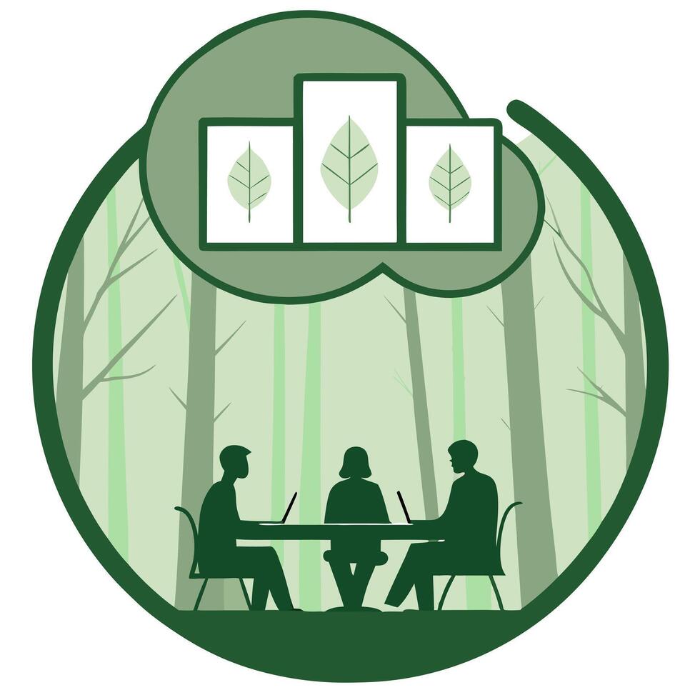 Ethereal boardroom with eco elements concept as Slow pan across a softly lit boardroom where business figures discuss around a table made of reclaimed wood Floating holographic gr flat vector