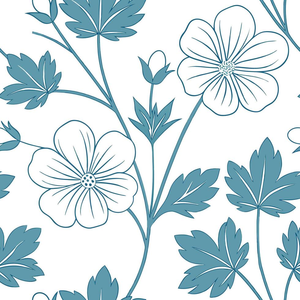 Ethereal geranium seamless pattern with light tones and airy elements on white background concept as Light toned ethereal geraniums with airy elements creating a dreamy seamless pa flat vector