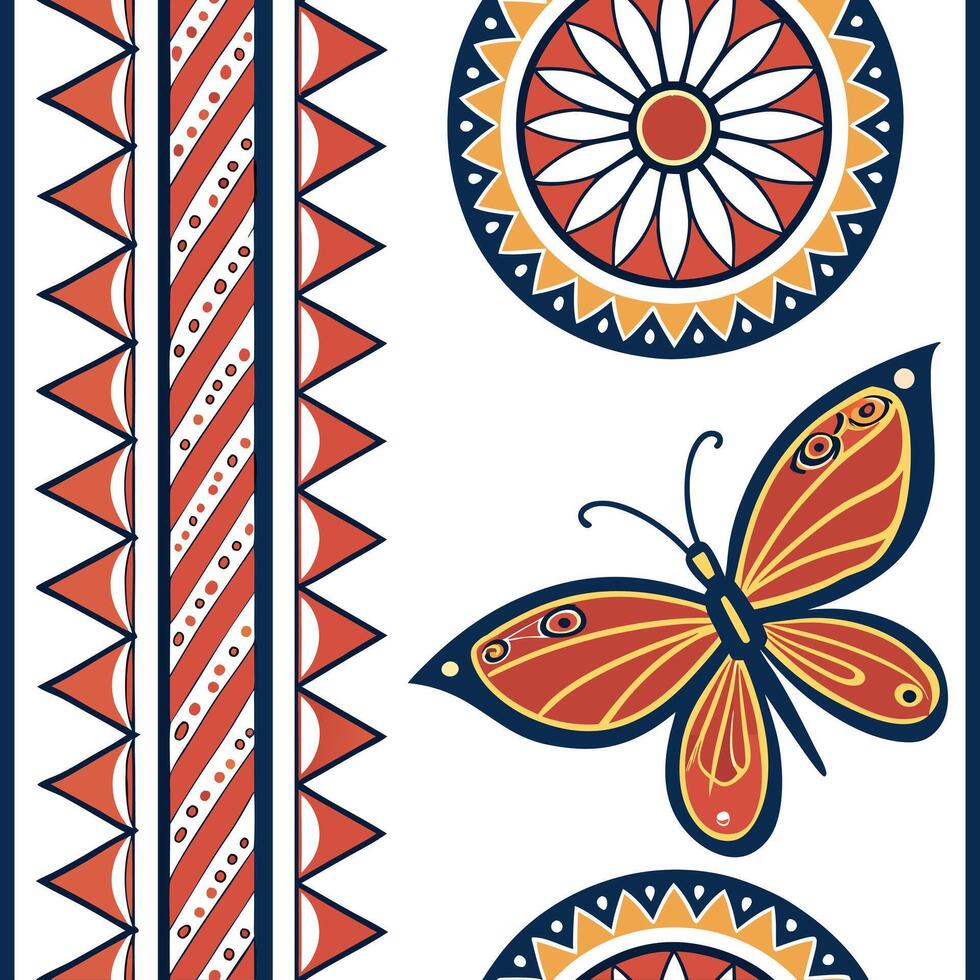 Ethnic patterns seamless design with vibrant colors and tribal motifs for a bold culturally inspired aesthetic concept as Bold ethnic patterns with tribal motifs and vibrant colors flat vector
