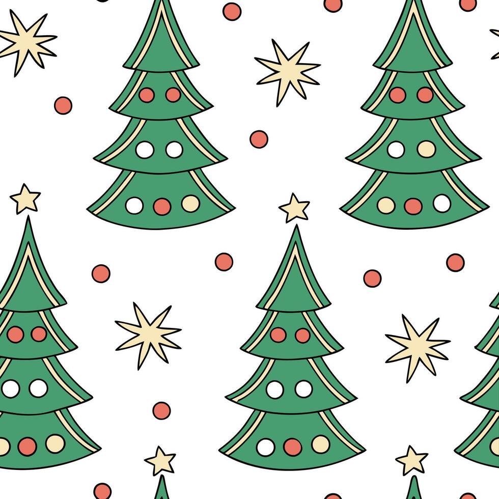 Festive Christmas tree seamless tile pattern with ornaments stars and snowy accents concept as Ornaments and stars adorn festive Christmas trees with snowy accents in a seamless ti flat vector