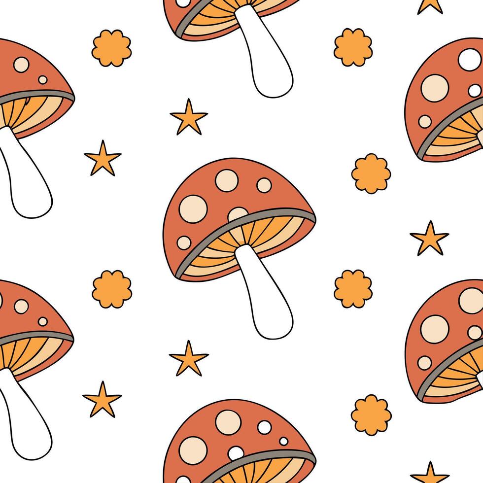 Flat 70s inspired seamless pattern with psychedelic shapes and vibrant color schemes for creative projects concept as Psychedelic 70s pattern featuring vibrant shapes and color sch flat vector