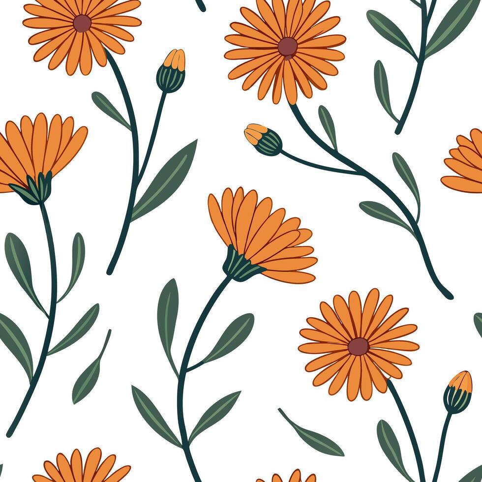 Flat Abstract calendula flowers seamless tile pattern vibrant isolated white background perfect for creative textiles branding packaging concept as Abstract calendula flowers seaml flat vector