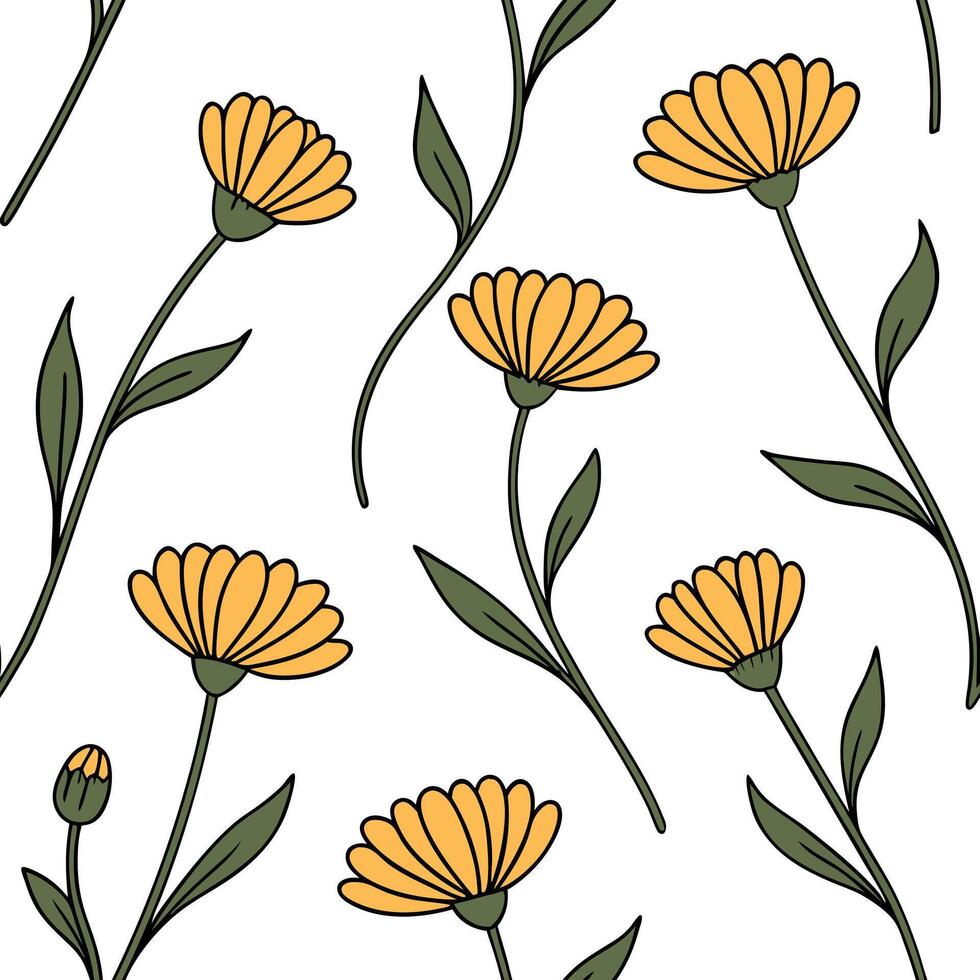 Flat Abstract calendula stems seamless tile pattern artistic isolated white background ideal for creative projects posters wallpapers digital media concept as Abstract calendula st flat vector