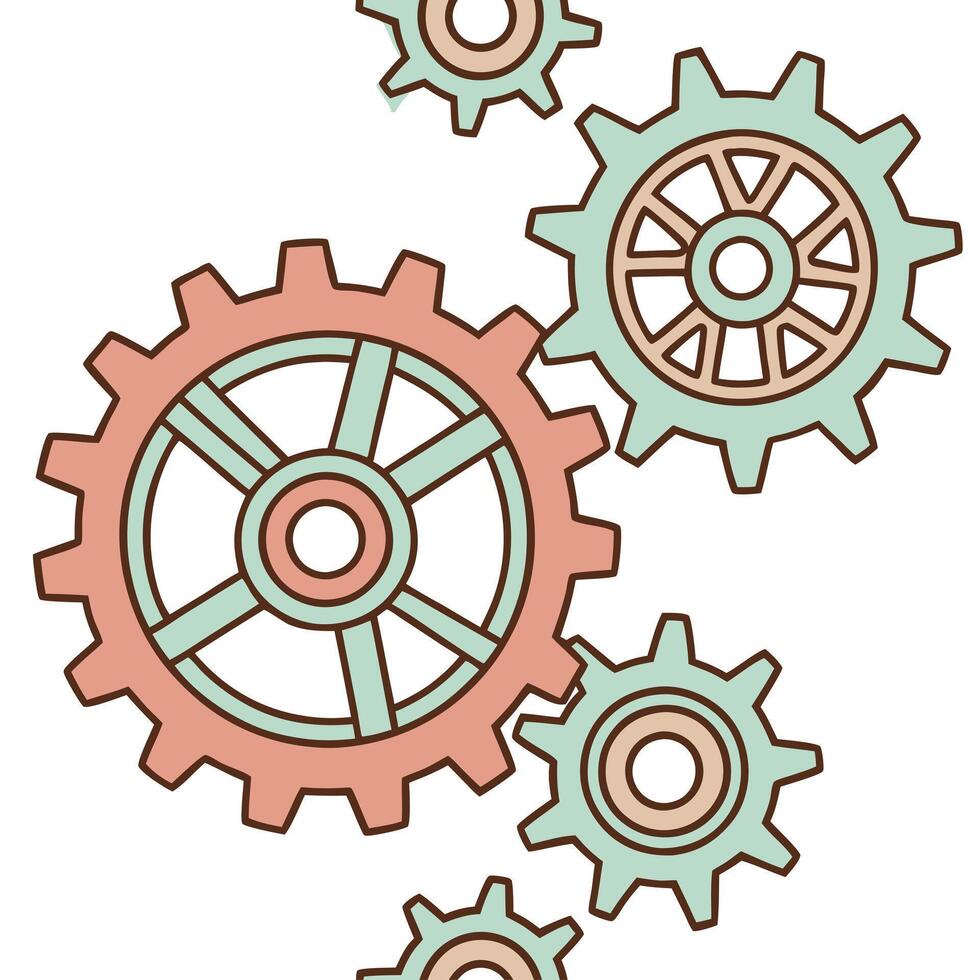 Flat Abstract gears of different colors interlocking with copy space concept as A soft abstract image depicts gears of various colors interlocking seamlessly symbolizing the effici flat vector