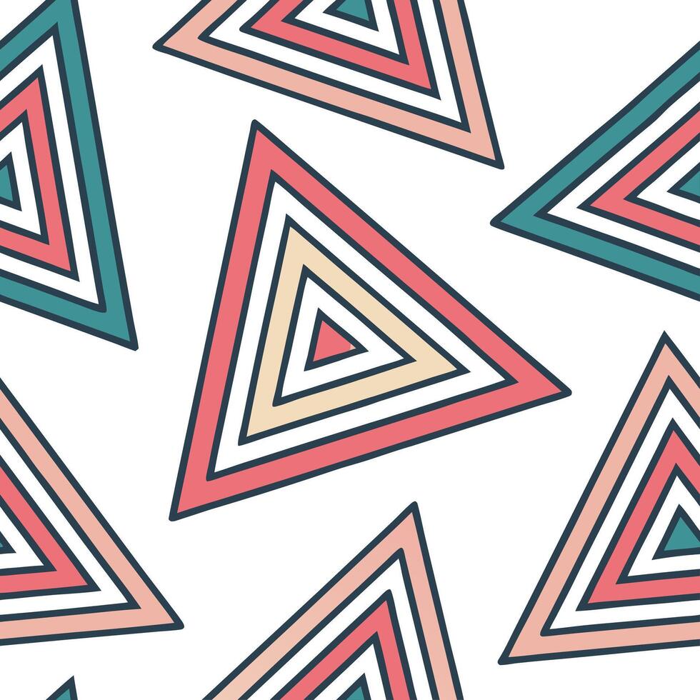 Flat Abstract triangle seamless pattern with overlapping shapes and vibrant hues on white background concept as Overlapping triangle shapes with vibrant hues creating abstract seam flat vector