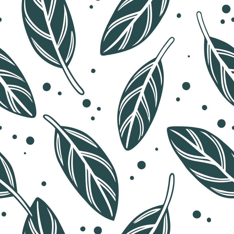 Flat Abstract watercolor sage leaves seamless pattern with splashes and drips on white background concept as Abstract watercolor sage leaves with artistic splashes and drips formin flat vector