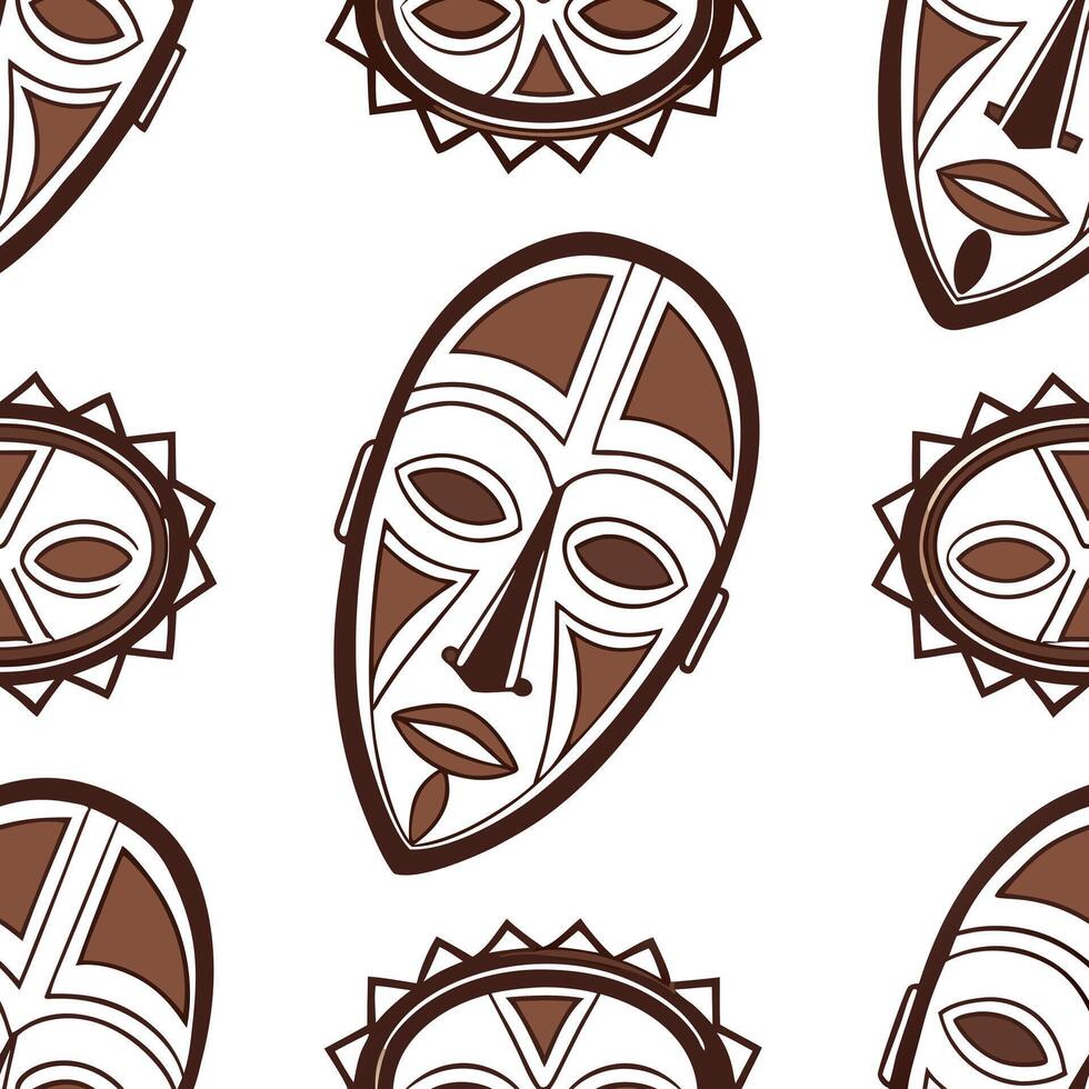Flat African tribal borders and masks seamless tile pattern with earthy tones and bold patterns for cultural decor concept as Earthy toned African tribal borders and bold mask patt flat vector