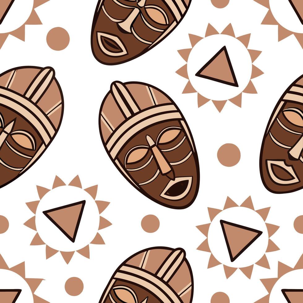 Flat African tribal patterns and masks seamless tile pattern with earthy color palette concept as Earthy color palette highlights African tribal patterns and masks in seamless tile flat vector
