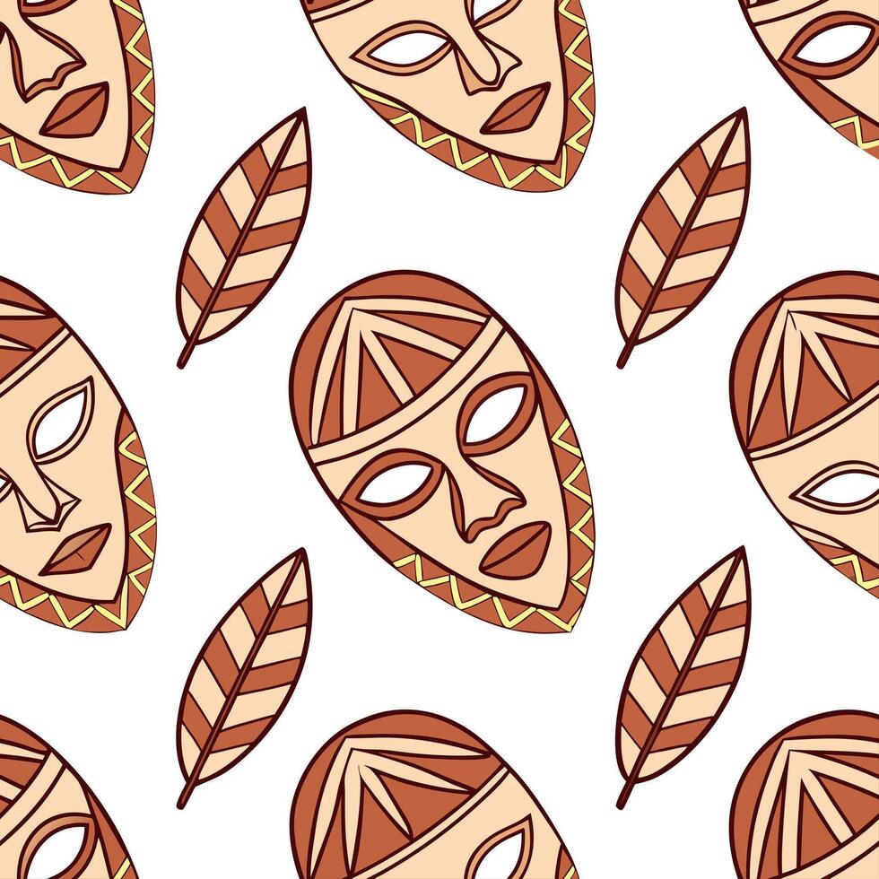 Flat African tribal masks and vibrant patterns seamless tile pattern with earthy color palette concept as Earthy color palette highlights African tribal masks intertwined with vibr flat vector