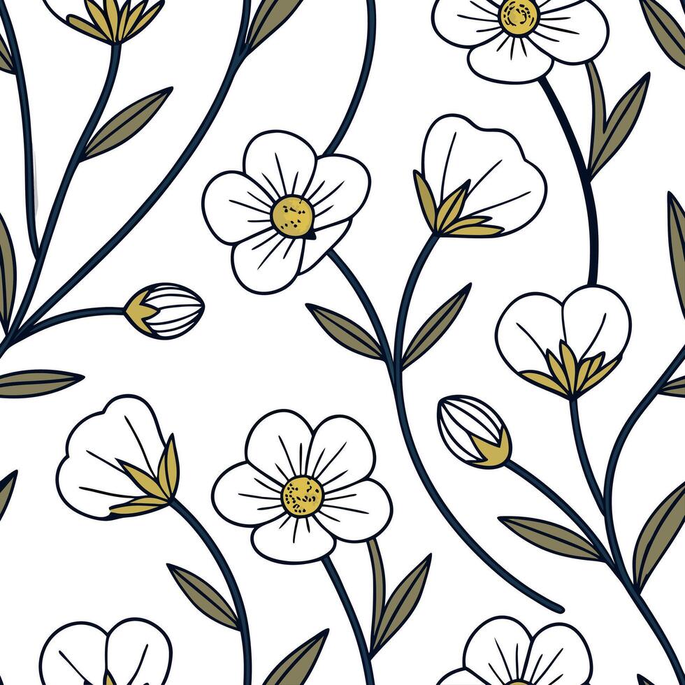 Flat Art deco buttercup seamless pattern with metallic accents and geometric elements on white concept as Art deco styled buttercups with metallic accents and geometric shapes form flat vector