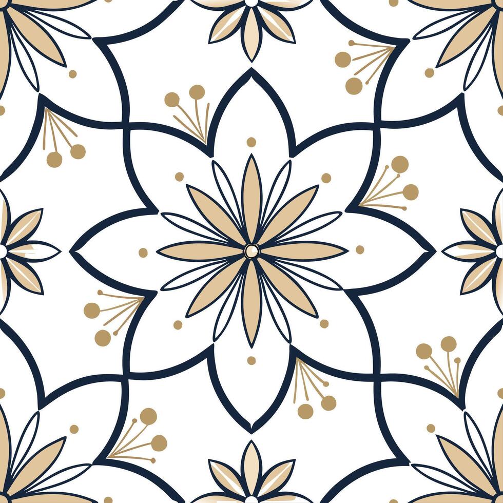 Flat Art Deco floral mandala seamless tile pattern with symmetrical flower shapes and gold accents perfect for glamorous interiors concept as Symmetrical flower mandala with gold a flat vector