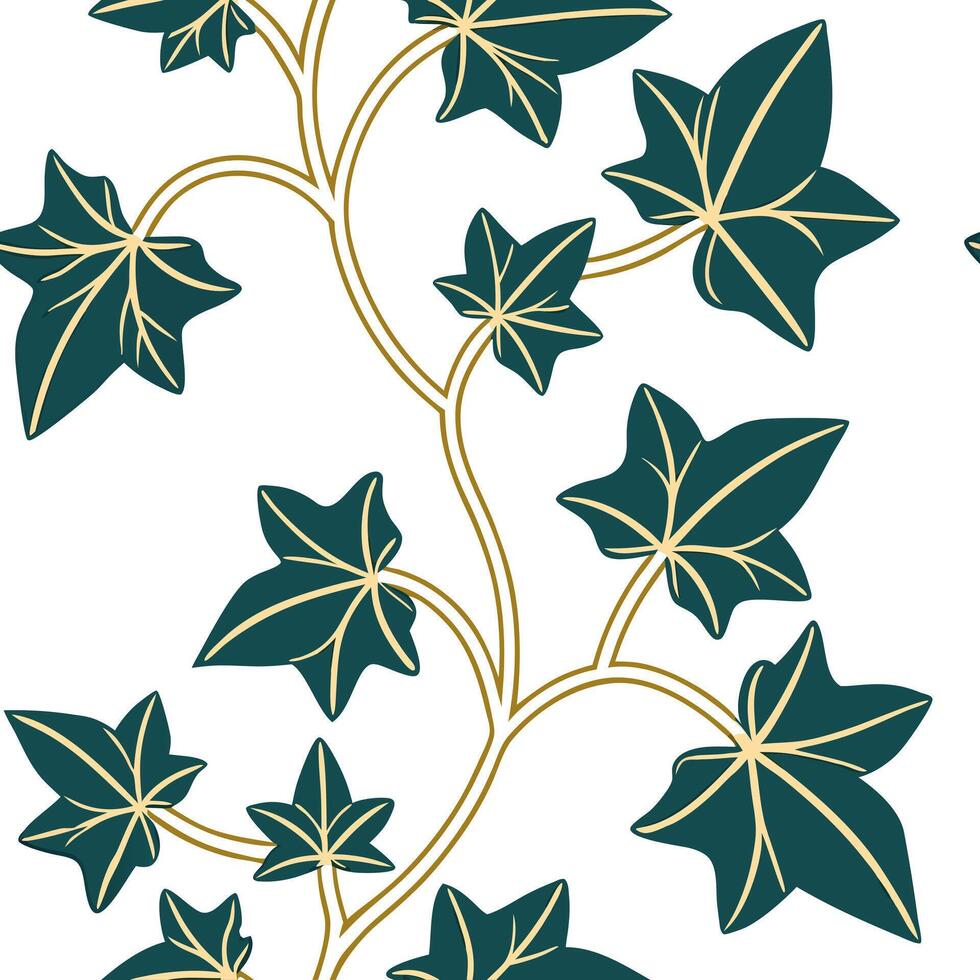 Flat Art Deco ivy seamless tile pattern with symmetrical ivy motifs and gold accents for glamorous interiors concept as Symmetrical ivy motifs with gold accents create Art Deco sea flat vector