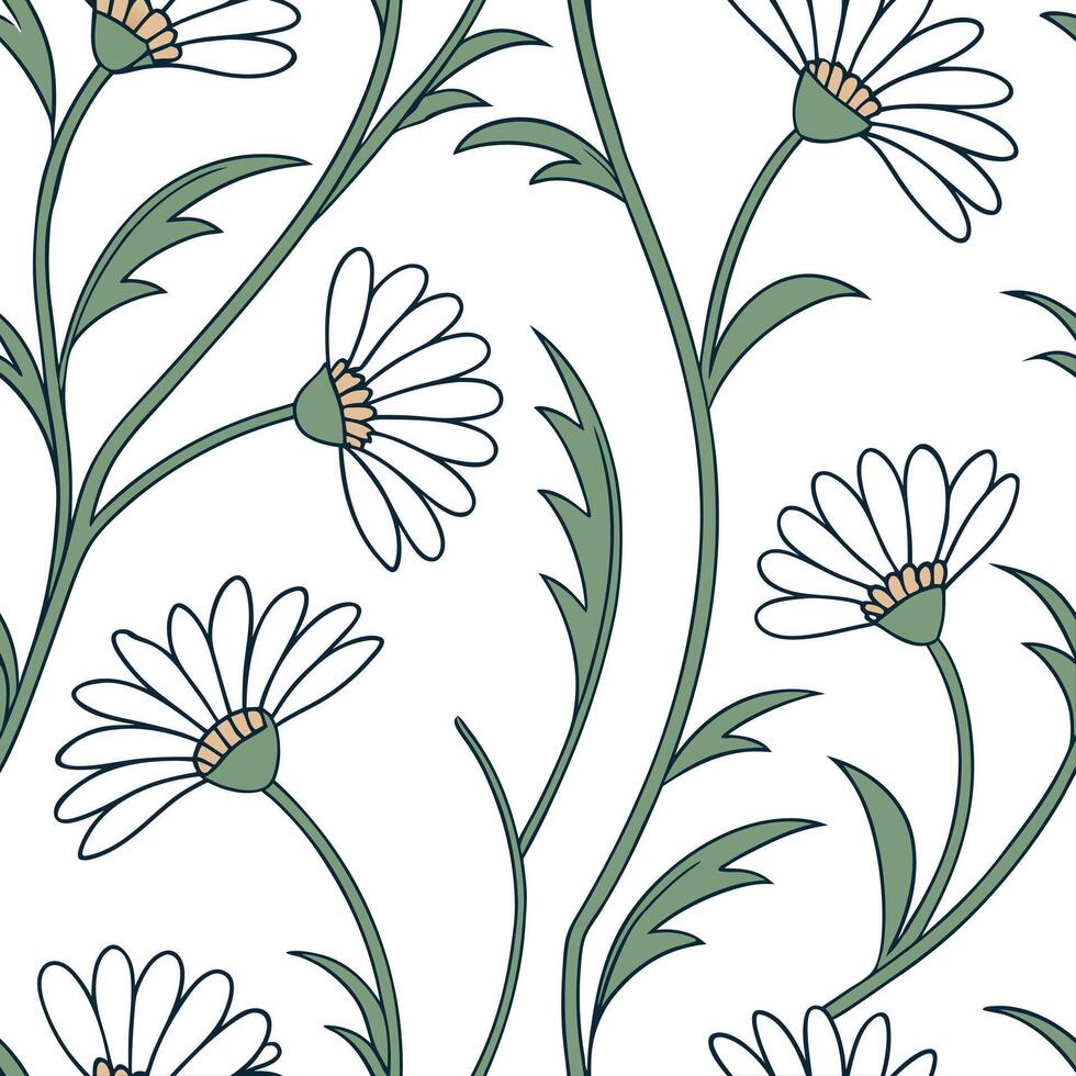 Flat Art Nouveau daisy seamless tile pattern with flowing lines and pastel colors ideal for elegant dining rooms concept as Flowing lines and pastel colors create Art Nouveau daisy flat vector