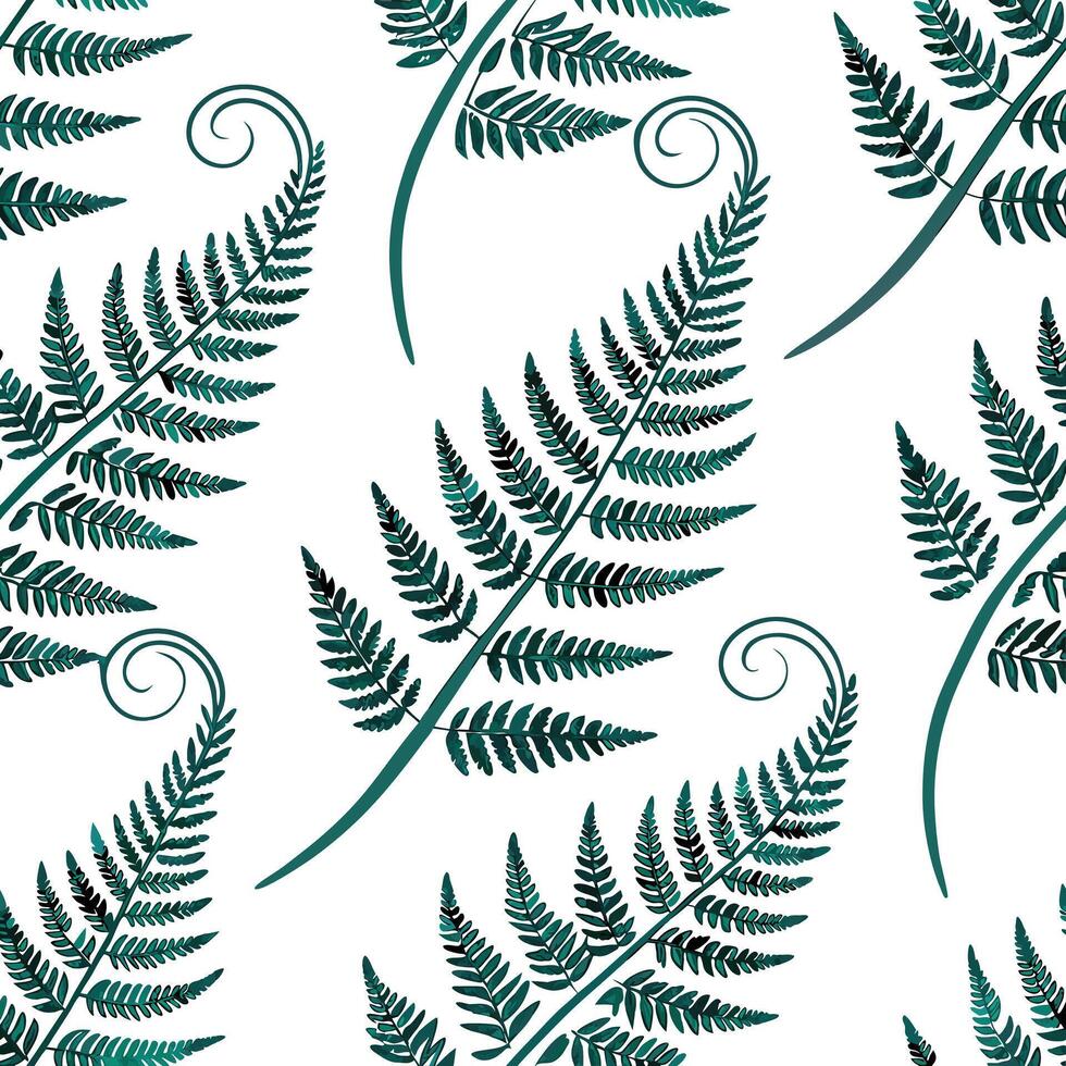 Flat Art Nouveau fern seamless tile pattern with flowing fern vines and intricate leaf details in emerald green tones for artistic interiors concept as Flowing fern vines and intri flat Set 2 vector