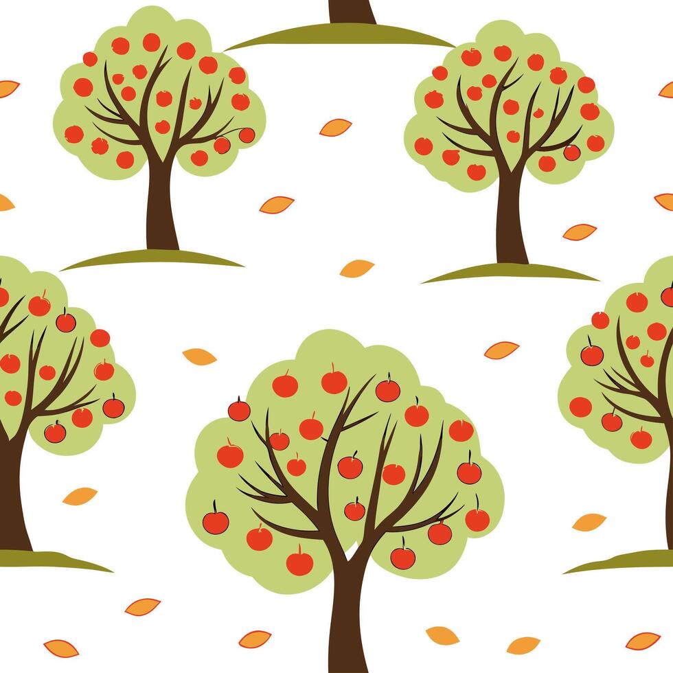 Flat Autumn apple orchard seamless tile pattern with ripe apples trees and fall foliage concept as Ripe apples trees and fall foliage create an autumn apple orchard seamless tile p flat vector