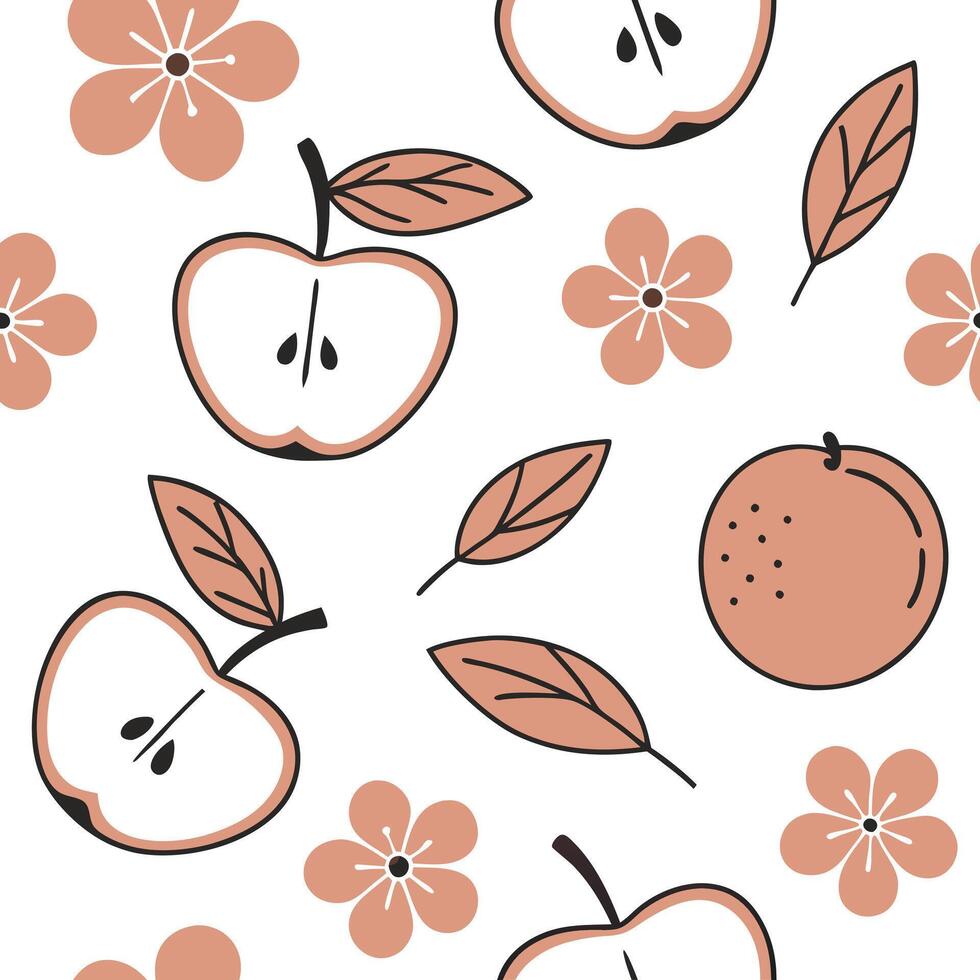 Flat Autumn apple blossom seamless tile pattern with delicate flowers and ripe fruits concept as Delicate apple blossoms and ripe fruits form an autumn apple blossom seamless tile flat vector