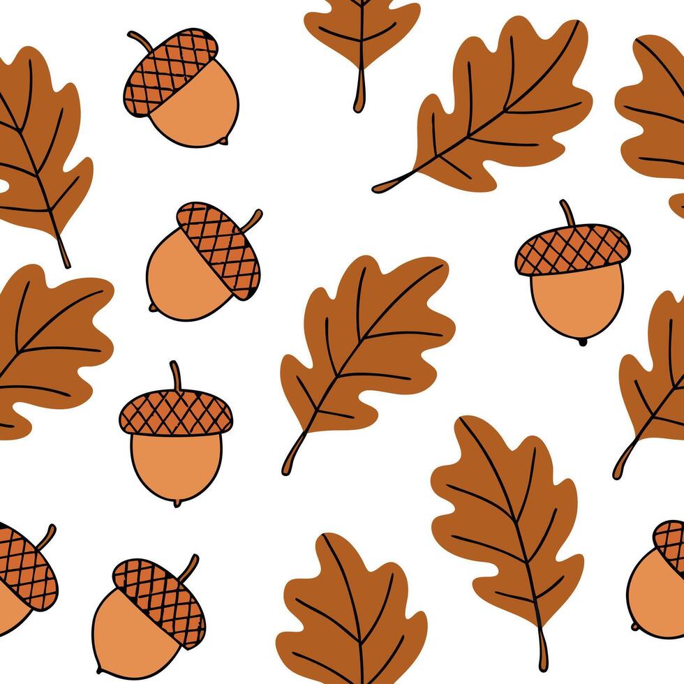 Flat Autumn leaves and acorns seamless tile pattern with rich brown and orange tones concept as Rich brown and orange autumn leaves and acorns create a seamless tile pattern perfec flat vector
