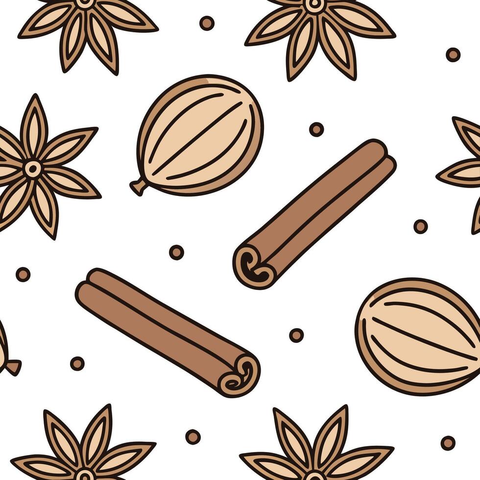Flat Autumn spices seamless tile pattern with cinnamon sticks nutmeg and cloves in warm tones concept as Cinnamon sticks nutmeg and cloves in warm tones create an autumn spices sea flat vector