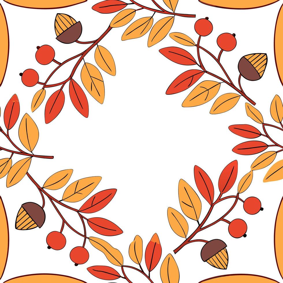 Flat Autumn wreath seamless tile pattern with colorful leaves and seasonal elements concept as Colorful autumn leaves and seasonal elements create a seamless wreath tile pattern fo flat vector