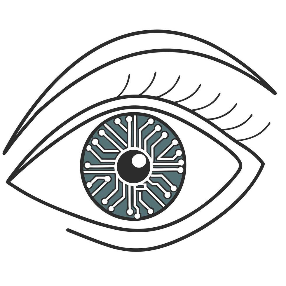 Flat Bionic eye interface concept as Close up of an eye integrating technology focusing on circuits influencing vision and interaction in a digital age Camera pans across the iris flat vector