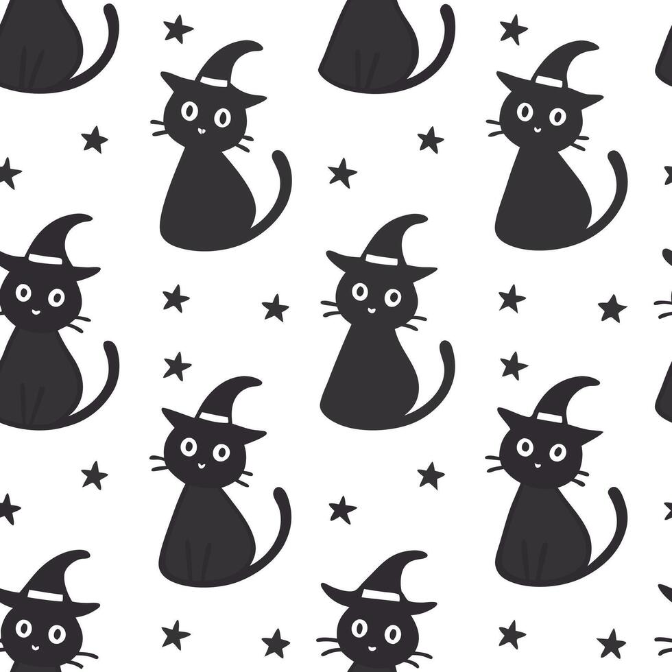 Flat Black cats and witches seamless tile pattern with mystical elements and dark colors for magical Halloween decor concept as Mystical black cats and witches arranged seamlessly flat vector