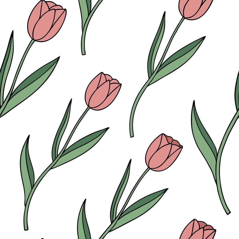 Flat Blossoming tulips seamless tile pattern with fresh green stems and colorful petals symbolizing growth concept as Fresh green stems and colorful tulip petals create a seamless flat vector