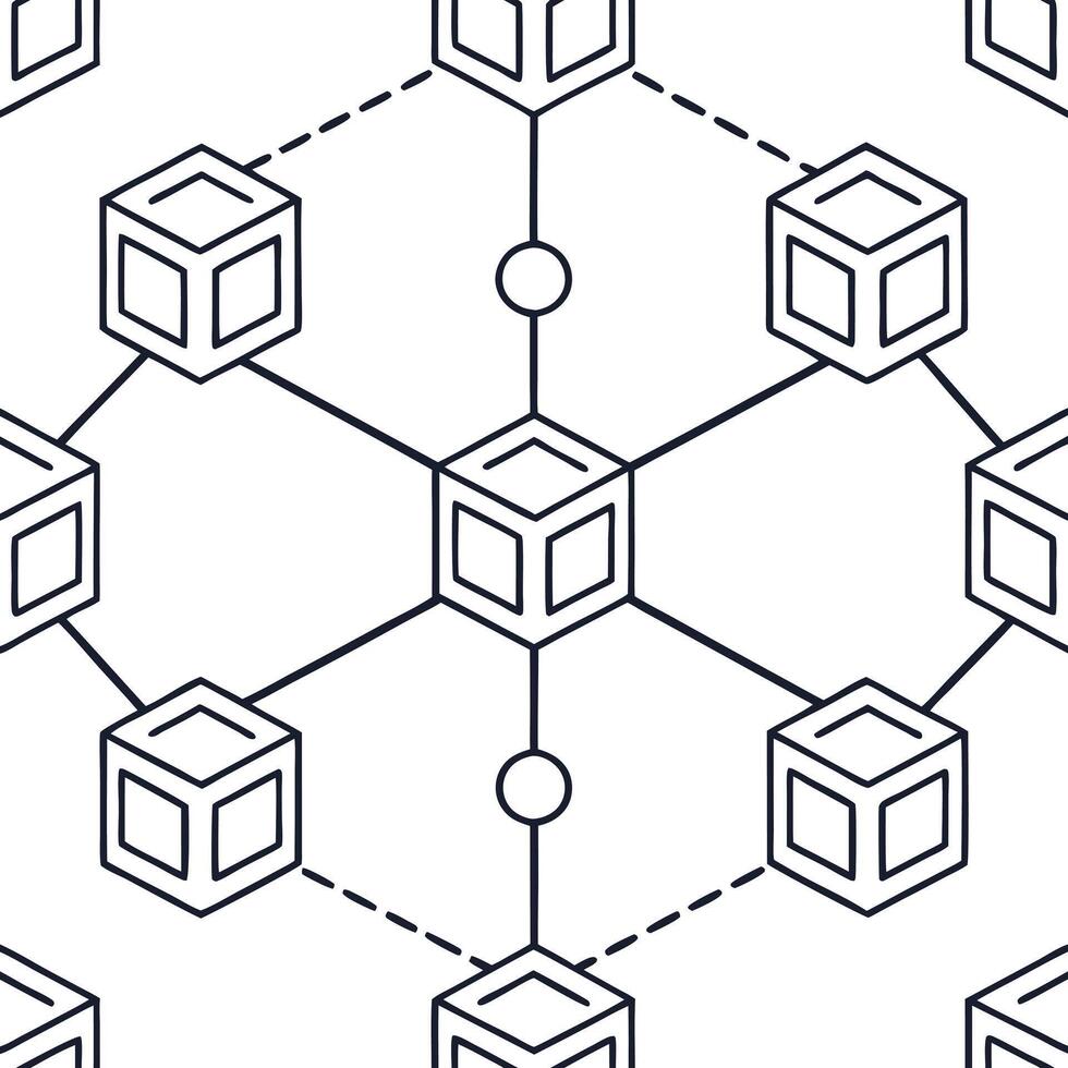 Flat Blockchain cube network concept as Wide shot of a seamless tile pattern featuring interconnected cubes representing blockchain technology Camera slowly rotates around the 3D flat vector