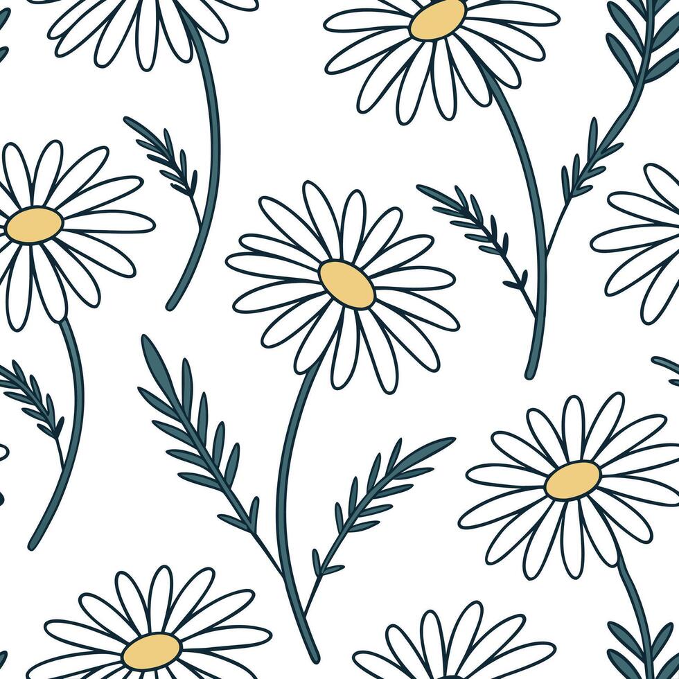 Flat Bohemian daisy seamless tile pattern with vibrant white daisies and intricate details on white background ideal for eclectic spaces concept as Vibrant white daisies with intri flat vector