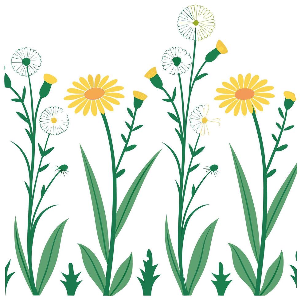 Flat Blossom filled garden seamless tile pattern with a vibrant mix of wildflowers symbolizing a fresh start concept as A vibrant mix of wildflowers creates a seamless garden tile flat vector