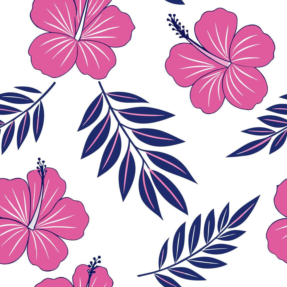 Flat Bohemian hibiscus seamless tile pattern with vibrant pink blooms and intricate leaf details on white background ideal for eclectic spaces concept as Vibrant pink hibiscus bloo flat vector