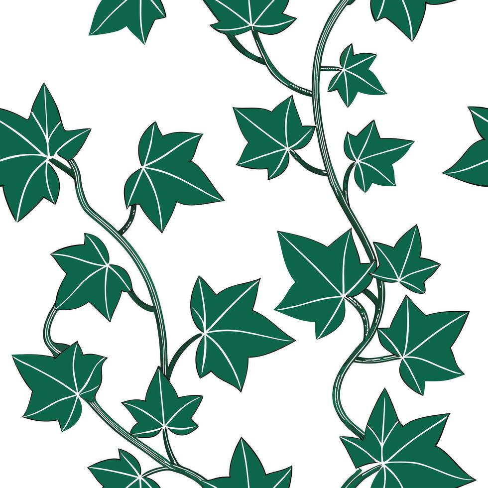 Flat Bohemian ivy seamless tile pattern with vibrant green vines and intricate leaf details on white background ideal for eclectic spaces concept as Vibrant green ivy vines with in flat vector