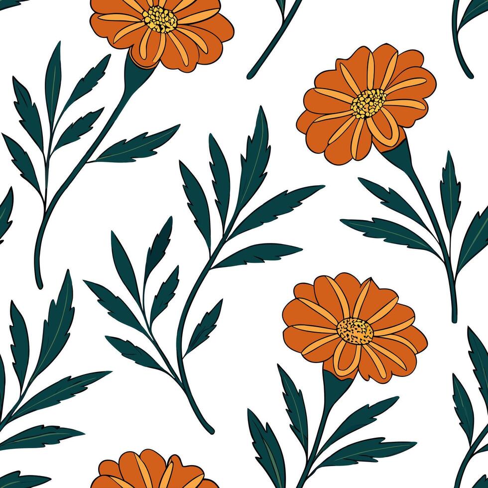 Flat Bohemian marigold seamless tile pattern with vibrant orange blooms and intricate leaf details on white background ideal for eclectic spaces concept as Vibrant orange marigold flat vector