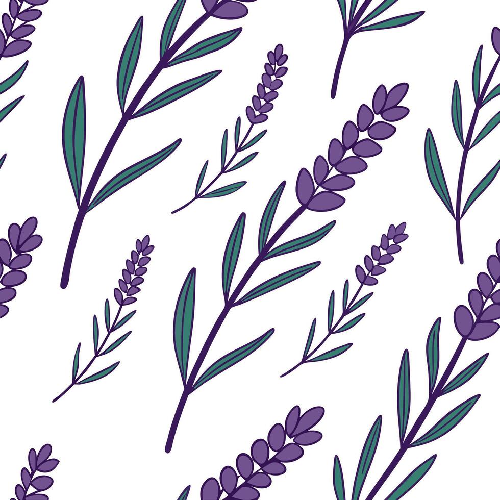 Flat Bohemian lavender seamless tile pattern with vibrant purple blooms and intricate leaf details on white background ideal for eclectic spaces concept as Vibrant purple lavender flat vector