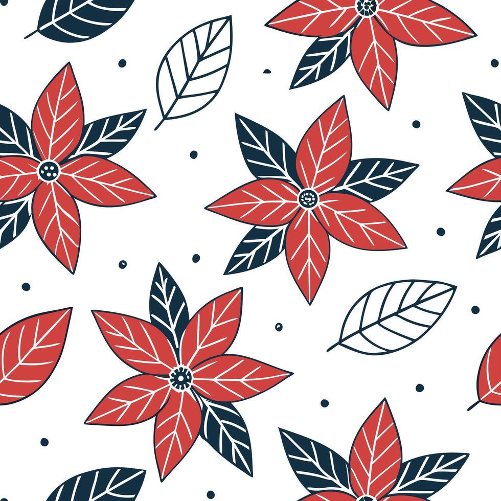 Flat Bohemian poinsettia seamless tile pattern with vibrant red blooms and intricate leaf details on white background ideal for eclectic spaces concept as Vibrant red poinsettia bl flat vector