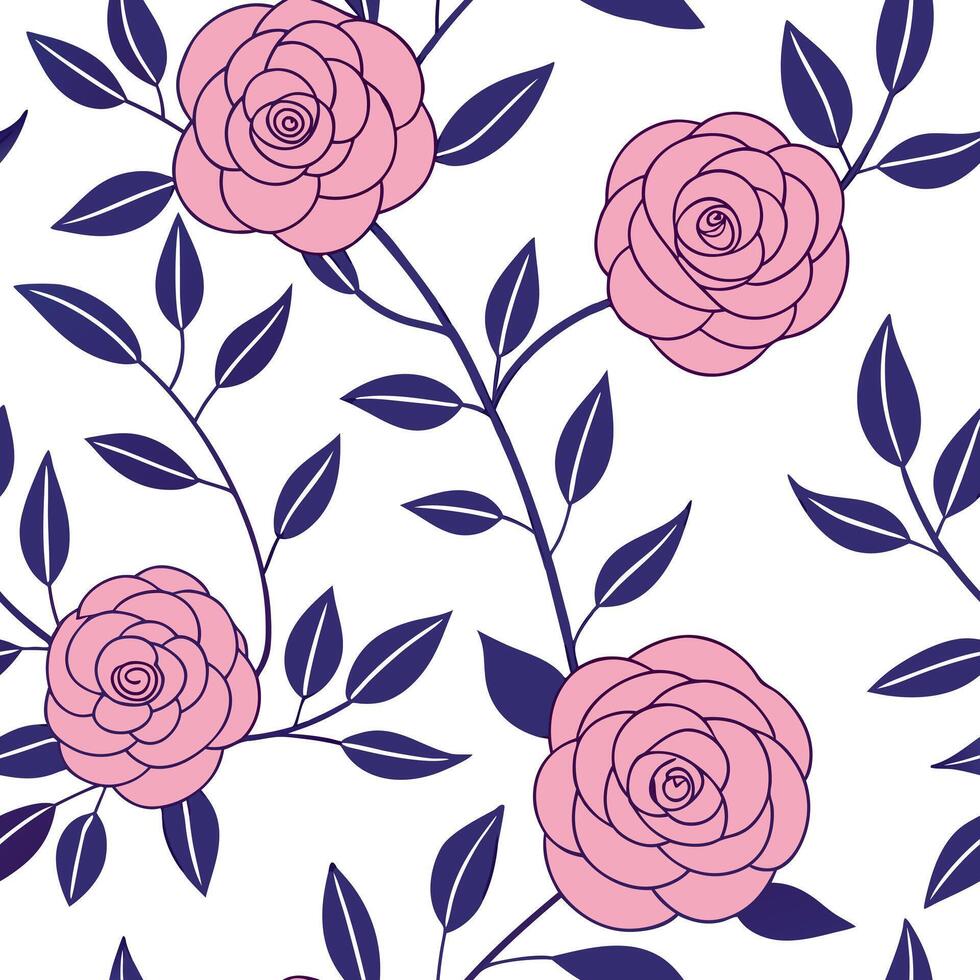 Flat Bohemian rose seamless tile pattern with lush pink roses and intricate details on a white background ideal for eclectic spaces concept as Lush pink roses with intricate detail flat vector