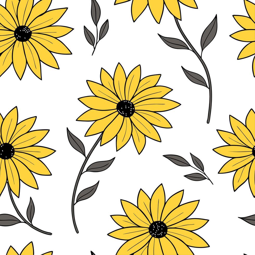 Flat Bohemian sunflower seamless tile pattern with vibrant yellows and intricate details on white background ideal for eclectic spaces concept as Vibrant yellow sunflowers with int flat vector