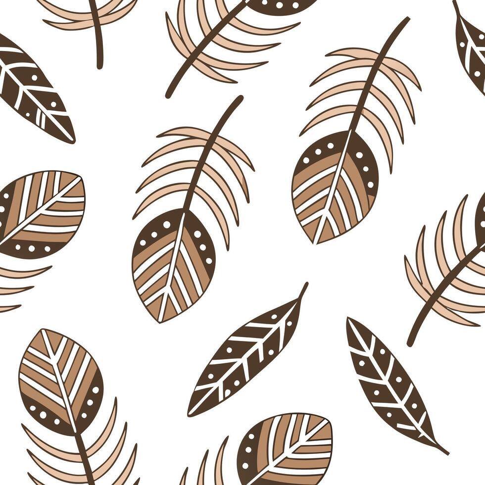 Flat Boho spring leaves seamless pattern with intricate designs and earthy tones for relaxed bohemian styles concept as Relaxed boho style spring leaves pattern with intricate desi flat vector