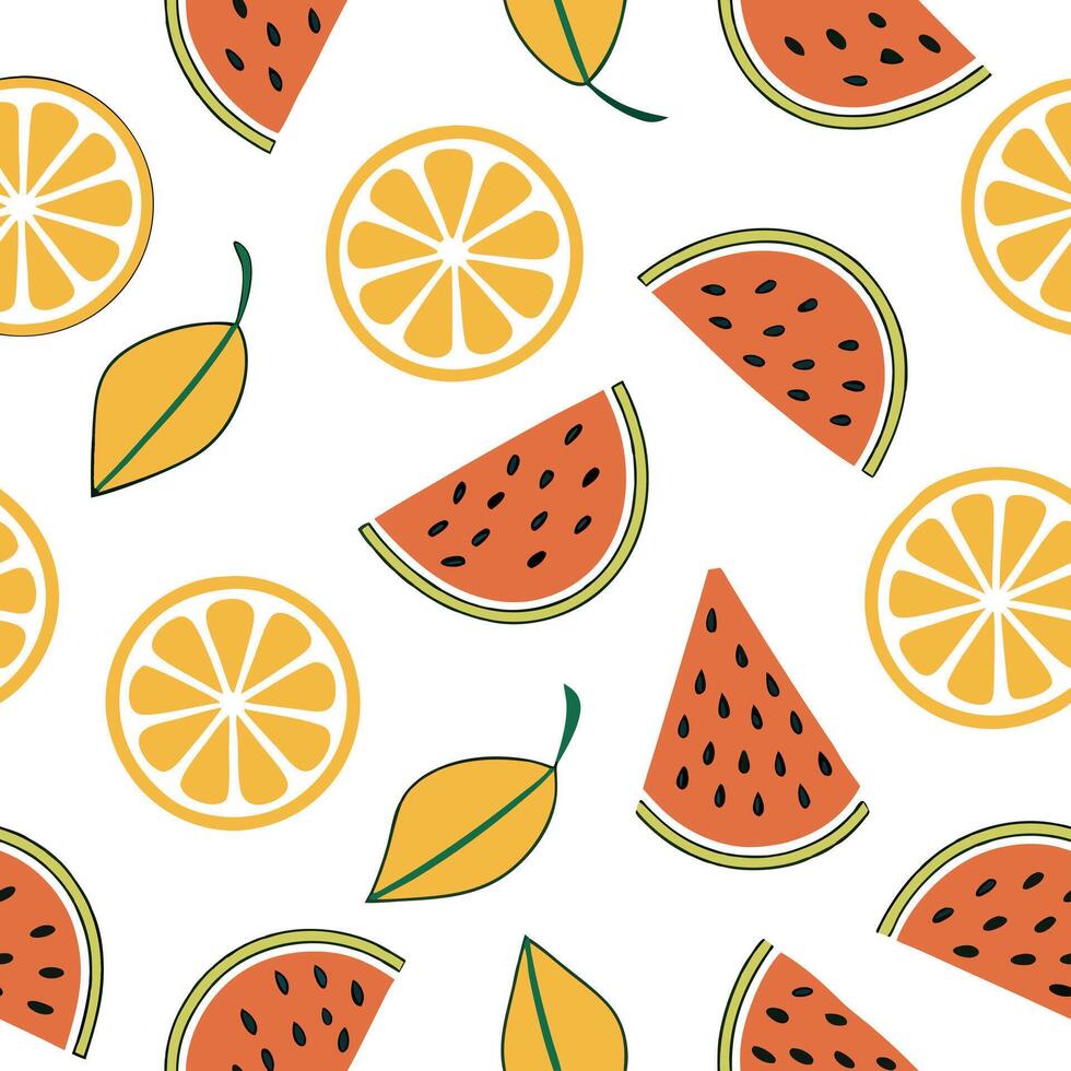 Flat Bold summer seamless pattern with bright citrus fruits and playful colors for a refreshing summer aesthetic concept as Playful summer pattern with citrus fruits and bright col flat vector