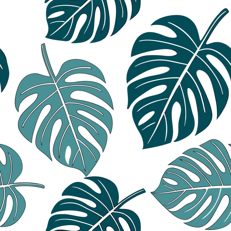 Flat Bold summer leaves seamless tile pattern with giant tropical leaves and bright hues for vibrant interiors concept as Giant tropical leaves and bright hues arranged seamlessly flat vector