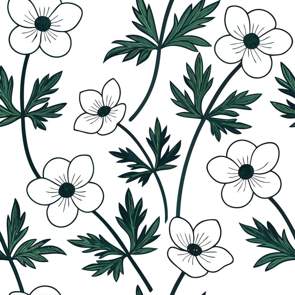 Flat Botanical Anemone seamless pattern with detailed petals and green stems on white background concept as Detailed botanical Anemone flowers with lush green stems creating rich s flat vector