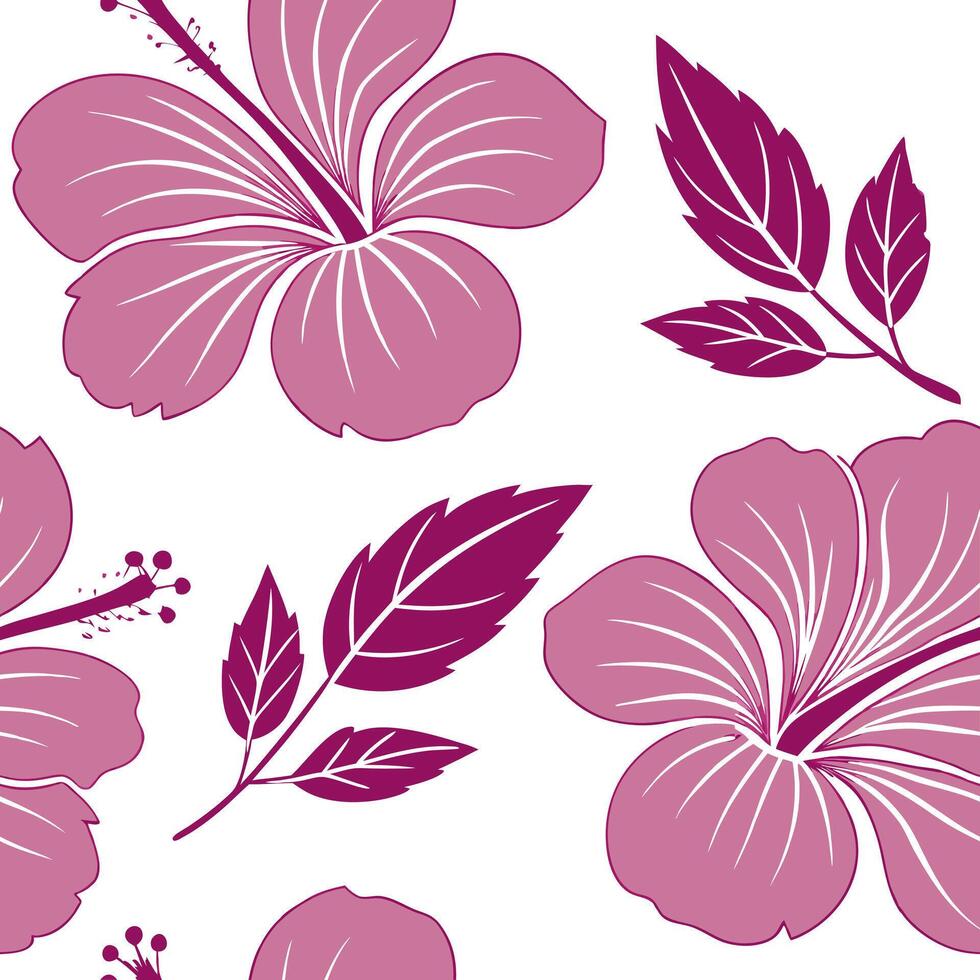 Flat Botanical garden hibiscus seamless tile pattern with various hibiscus species in natural pinks on white background perfect for serene spaces concept as Various hibiscus specie flat vector