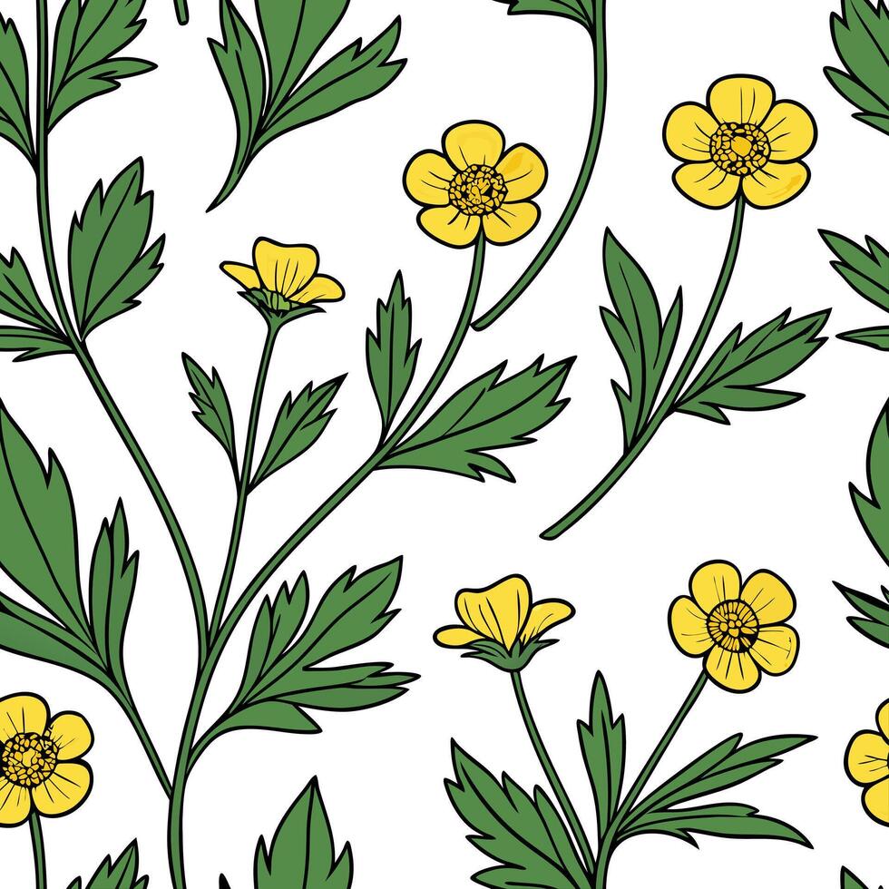 Flat Botanical buttercup seamless pattern with detailed petals and green stems on white background concept as Detailed botanical buttercups with lush green stems creating a rich se flat vector