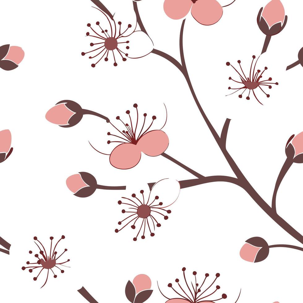 Flat Botanical garden cherry blossom seamless tile pattern with various blossom species in natural pinks on white background perfect for serene spaces concept as Various cherry blo flat vector
