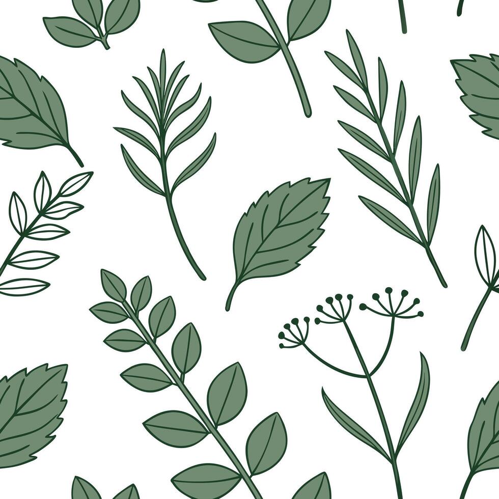 Flat Botanical garden herb seamless tile pattern with various herb species in natural greens on a white background perfect for serene spaces concept as Various herb species in natu flat vector
